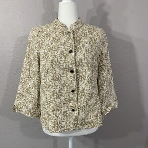 Christopher & Banks Women's Size M Linen Blend Button Up Beige Floral Jacket Top